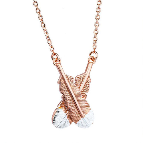 Little Taonga Huia Crossed Feather Necklace Rose Gold With Silver Tips